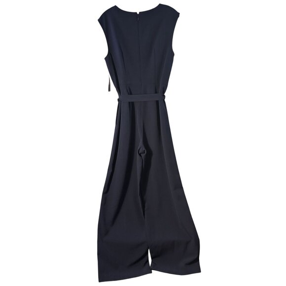 Sleeveless Navy Blue Wide-Leg Jumpsuit With Button Details & Belted Waist - Picture 4 of 8